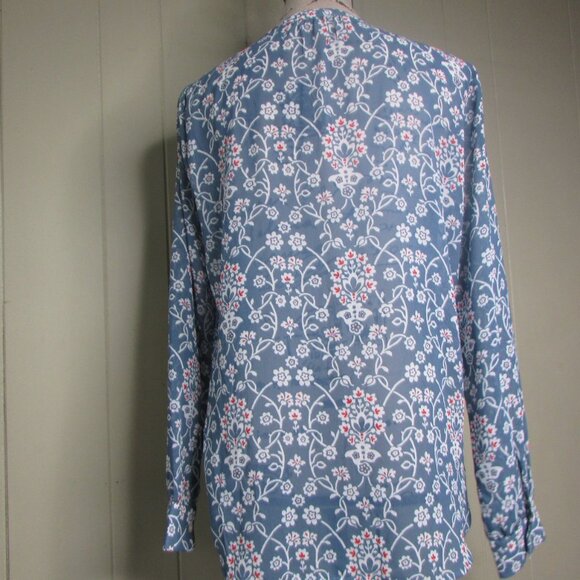Ann Taylor Loft Sheer Blouse XS Ruffle Floral Blue Red White Long Sleeve - Picture 8 of 11